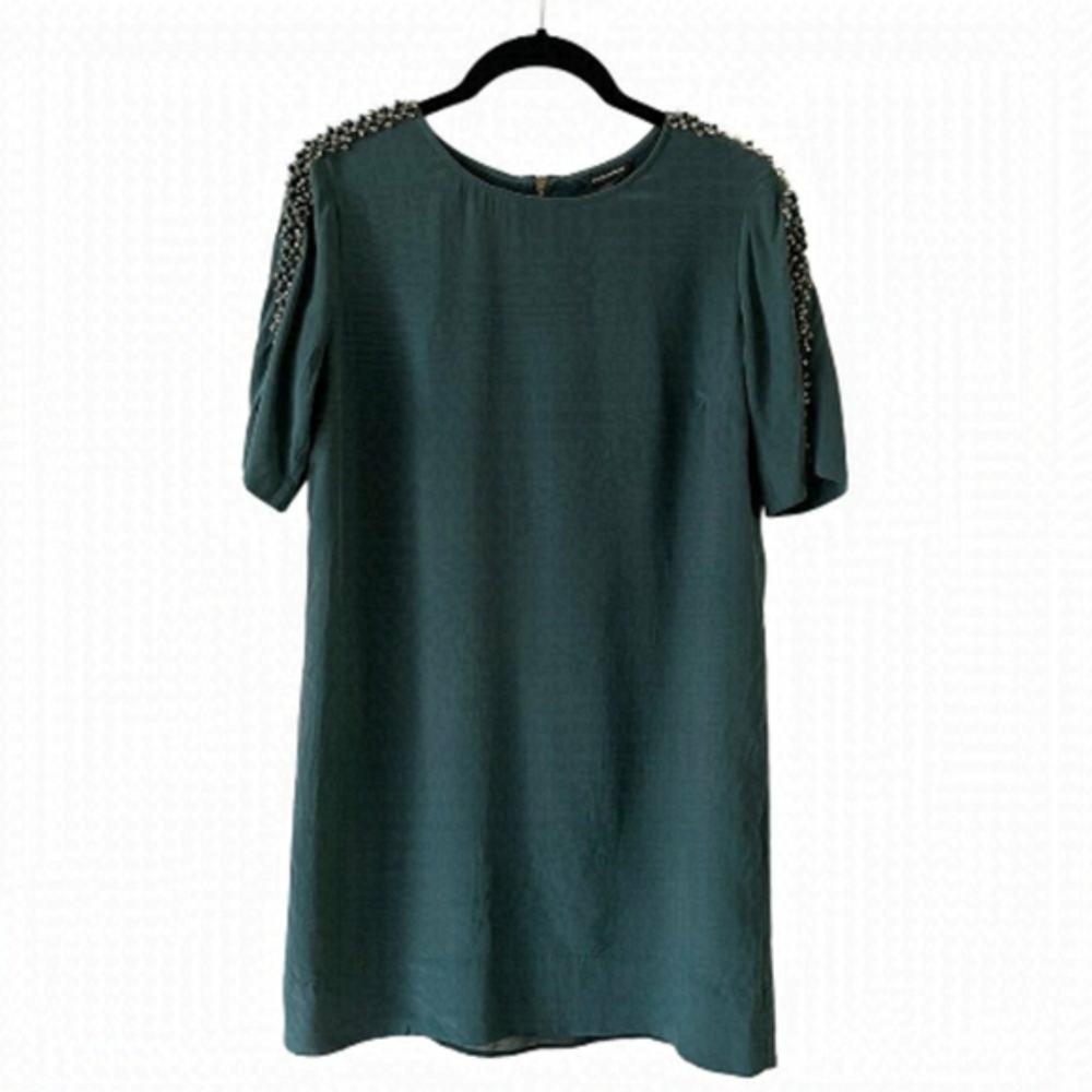 Club Monaco Silk Beaded Short Sleeve Round Neck Shift Dress